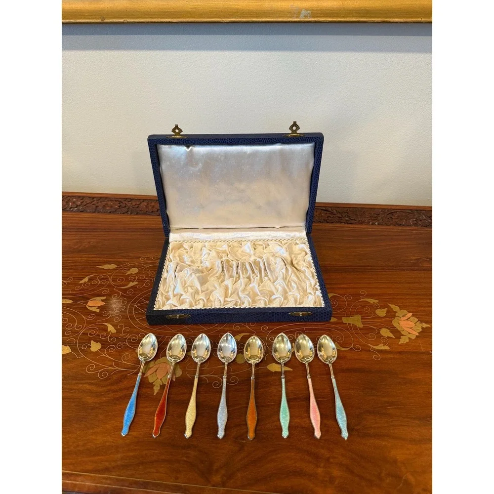 Vintage‎ Norwegian Sterling Silver Enamel Demitasse Spoon Set with Box